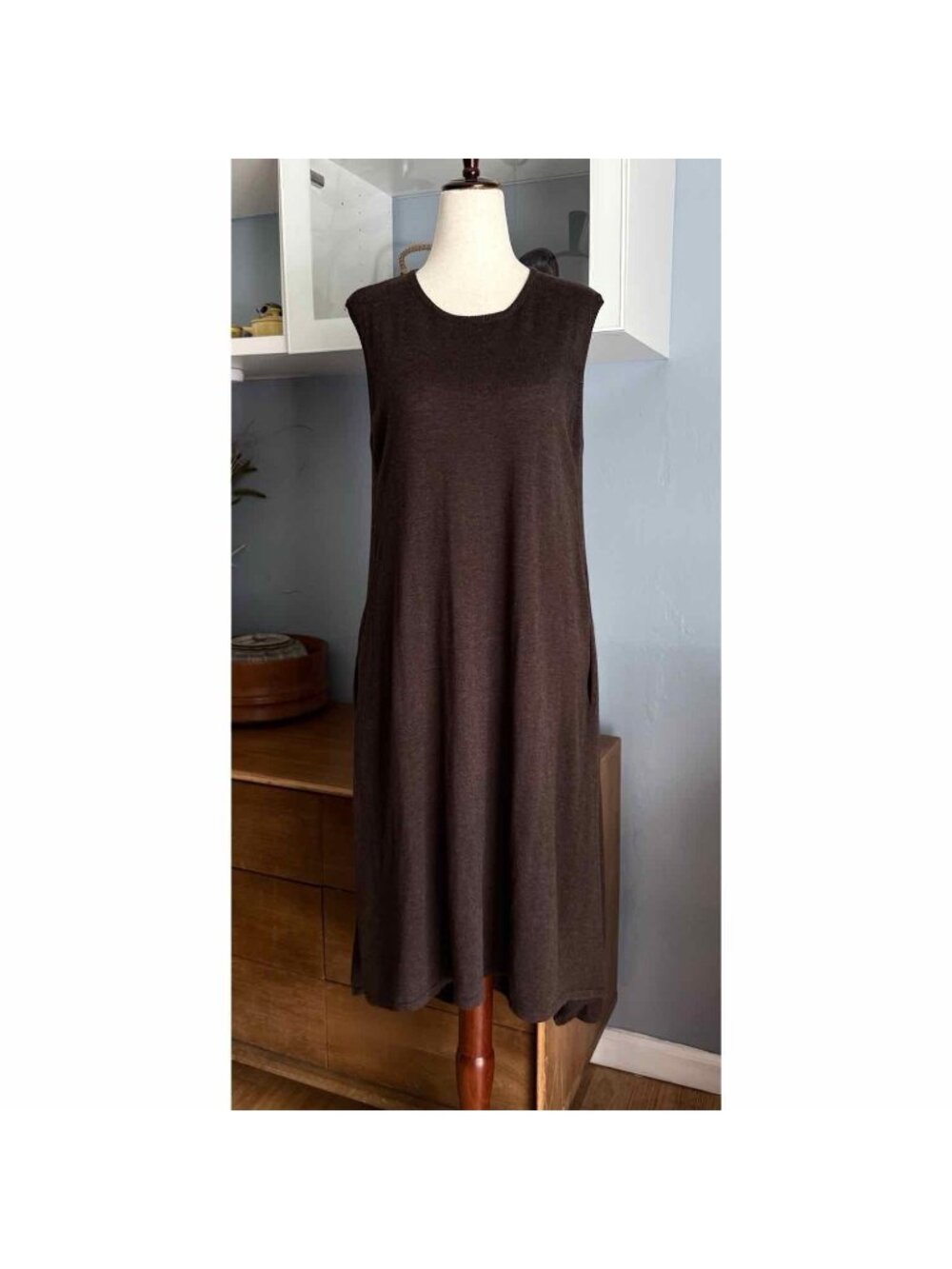 Mizuiro Ind Brown Knit Midi Dress Pockets Lagenlook Minimalist A-Line